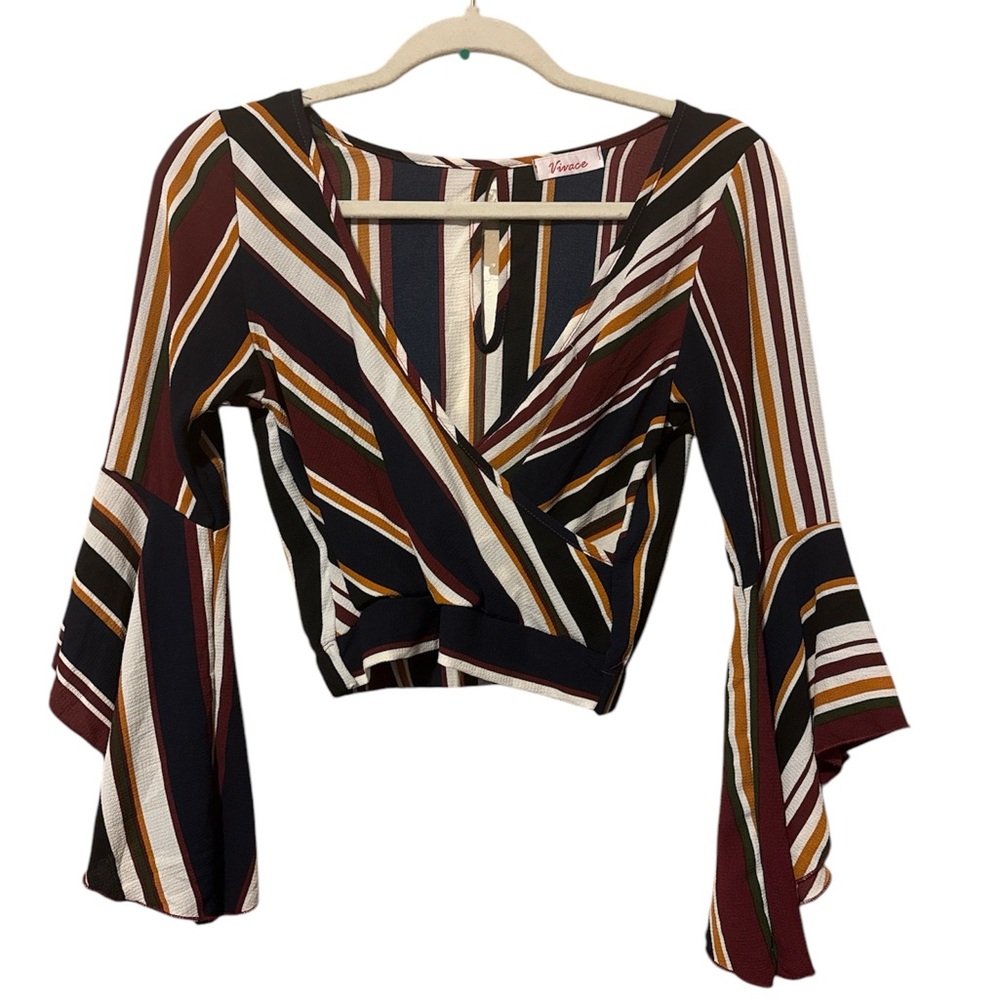 Striped V-Neck Bell Sleeve Crop Top